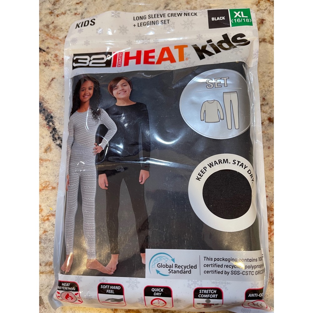 Black 32 Degree HEAT Kids Set Long Sleeve CREW Neck + Leggings Set Size XL 16/18
